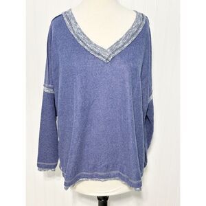 White Birch Women's Brushed Oversize V Neck Long‎ Sleeve T-Shirt Blue Size Small